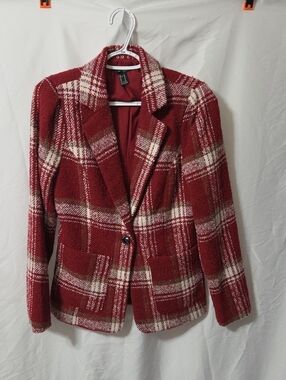 Red & White Plaid Bouclé Fabric Blazer Jacket w/Pockets, Medium, Excellent Cond